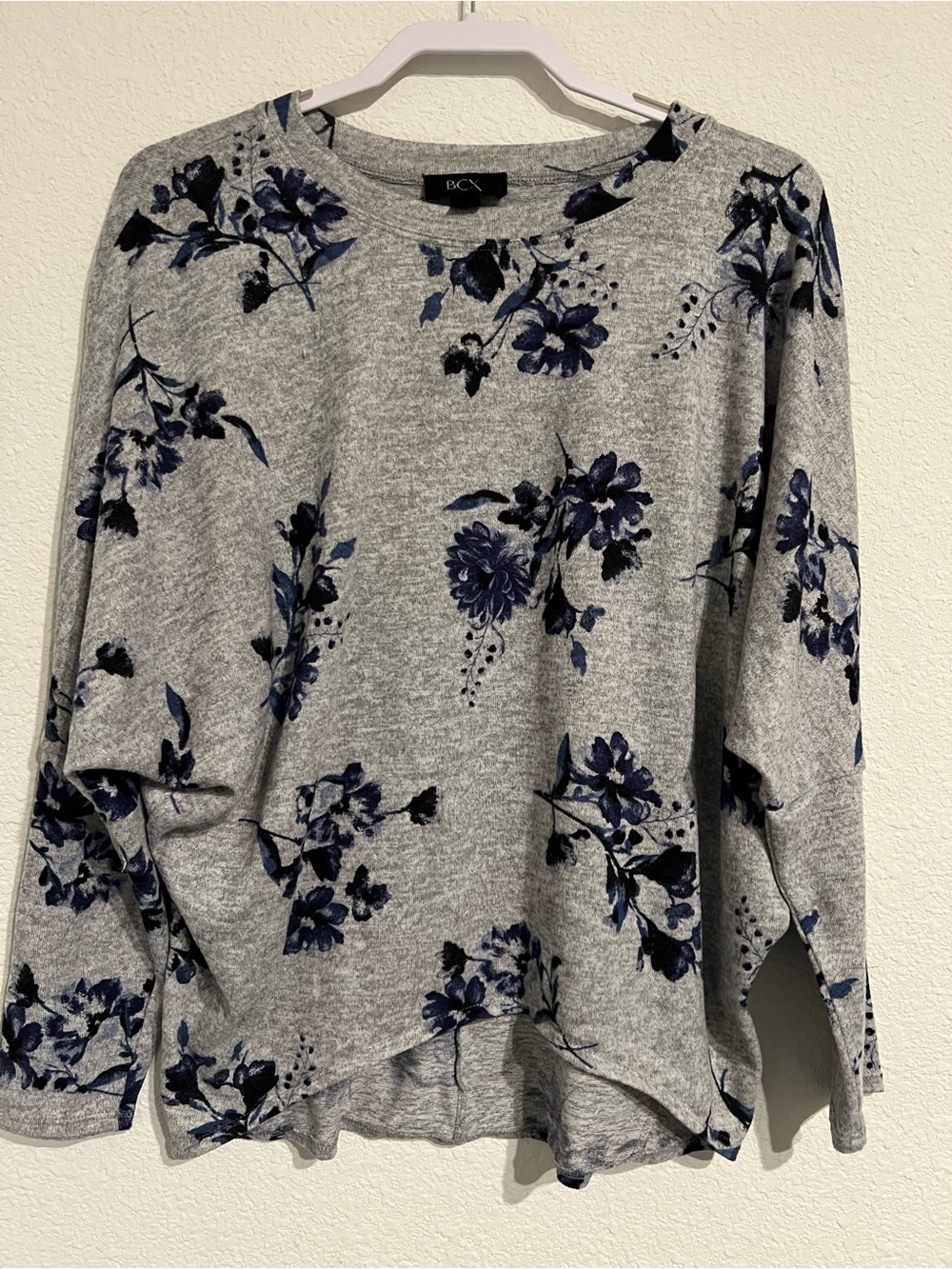 BCX Heather Gray Sweatshirt with Navy Floral Print